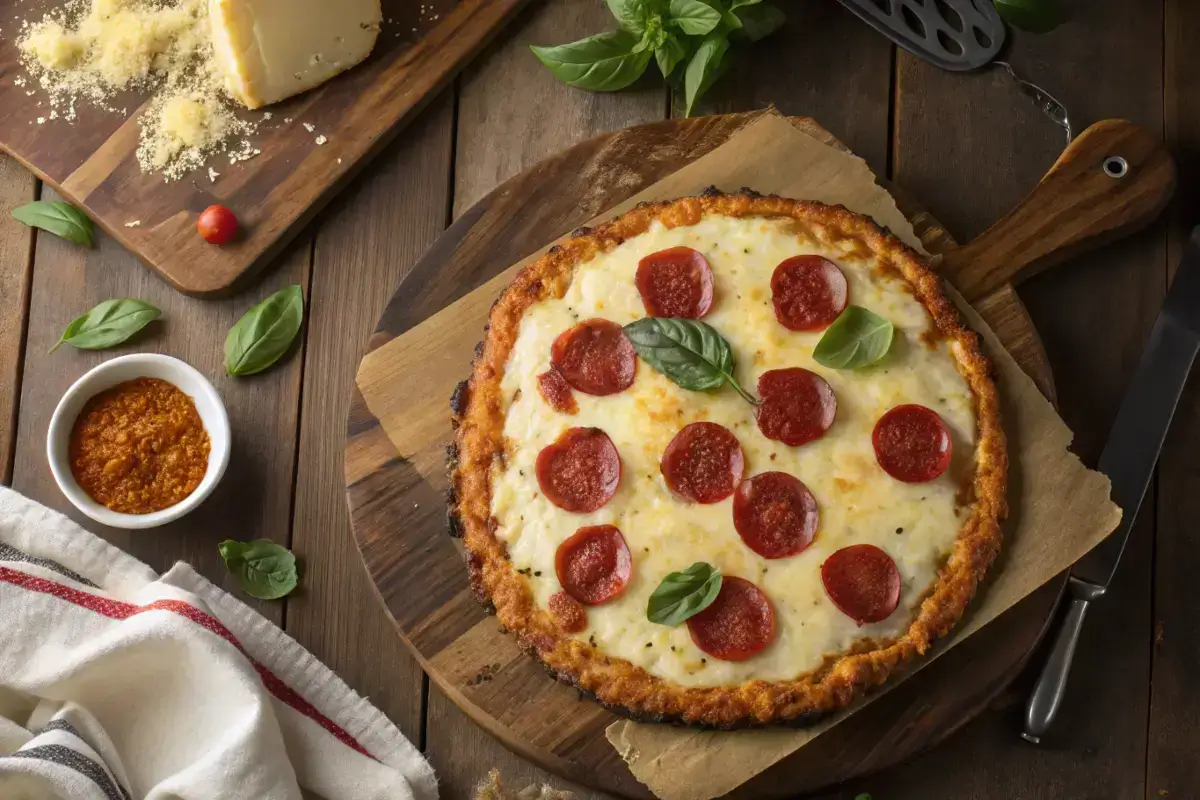 keto cottage cheese egg pizza crust topped with cheese and pepperoni