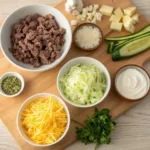 Keto ground beef casserole ingredients arranged on table
