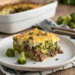 slice of keto beef and broccoli casserole close-up