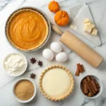 Custard pumpkin pie ingredients flat lay