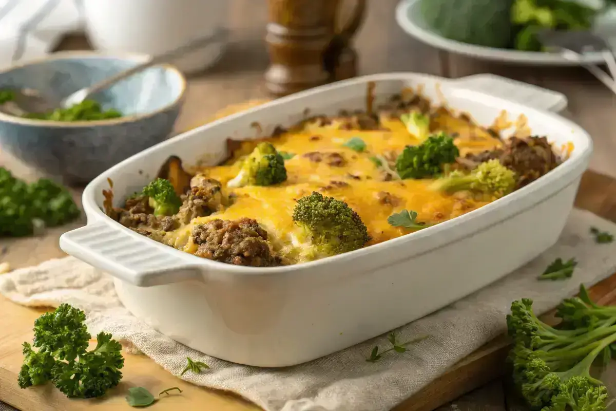 Keto Beef and Broccoli Casserole in baking dish