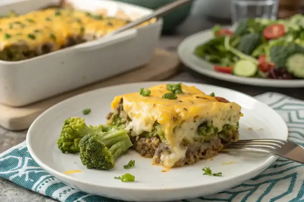 Serving keto beef and broccoli casserole on plate