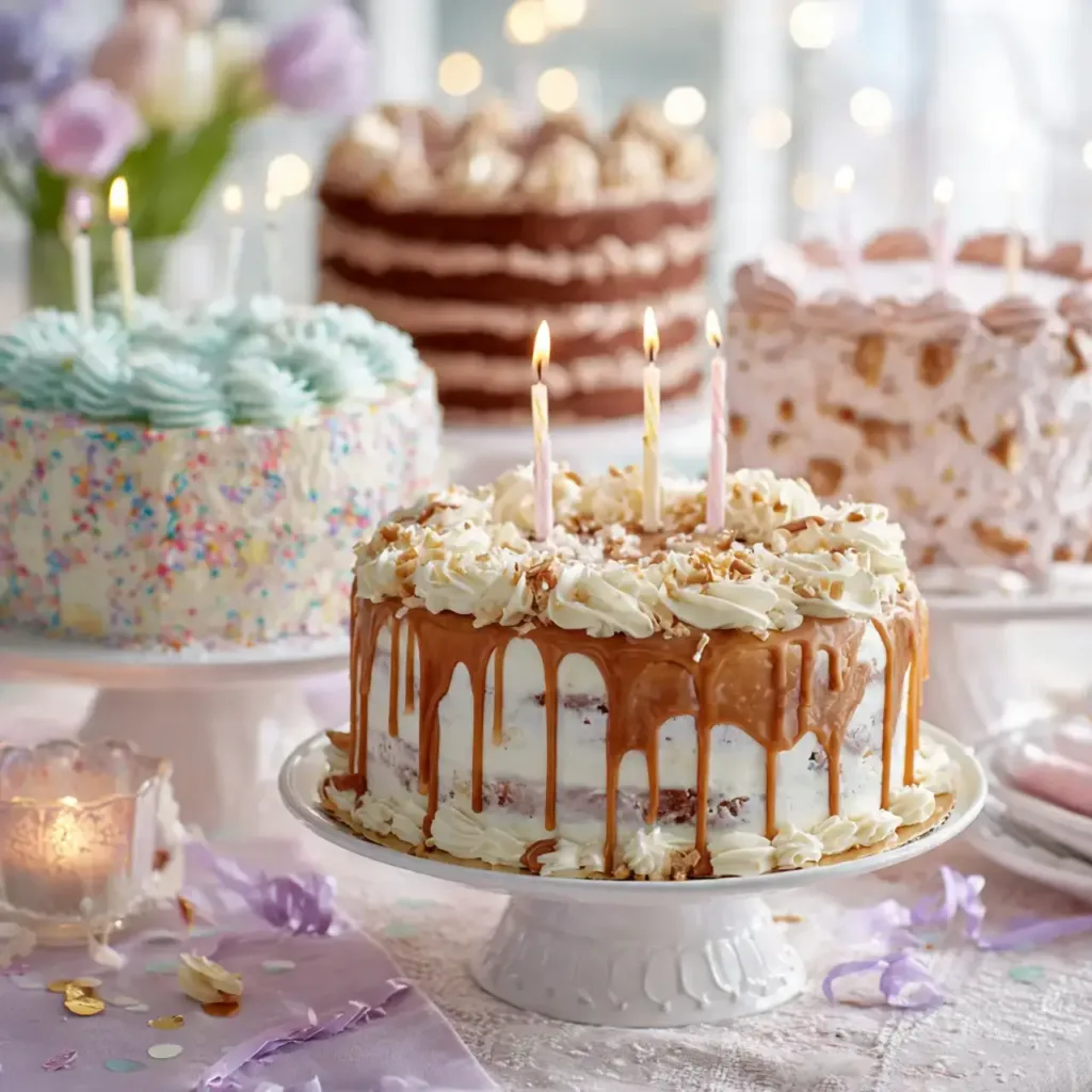 8 creative birthday cake recipes display with colorful cakes and confetti