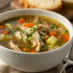 Close up of a bowl of best turkey soup recipe with turkey, vegetables, and parsley.