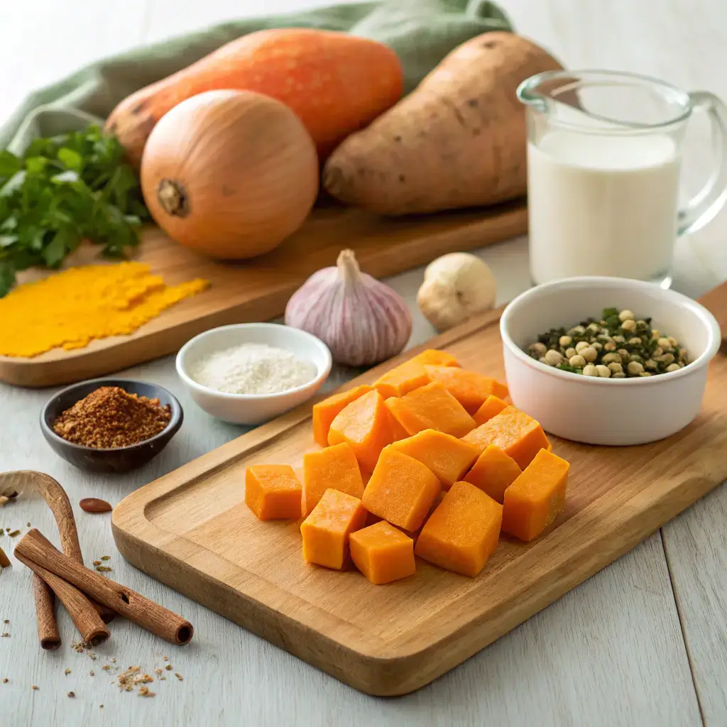 Butternut squash soup with sweet potato ingredients arranged on a wooden board.
