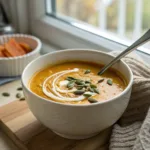 Close up of butternut squash soup with sweet potato, garnished with a cream swirl and toasted pumpkin seeds.