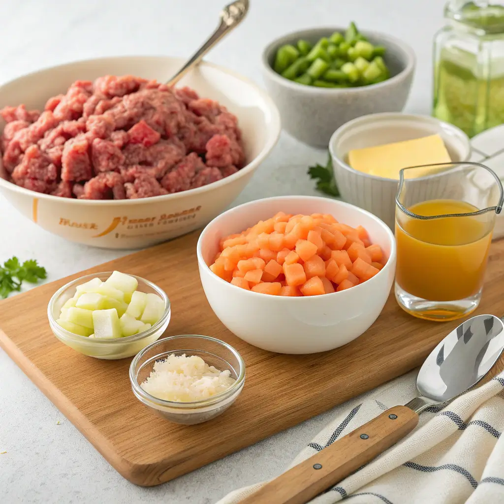 Photo of ingredients for recipe cheeseburger soup laid out on a board.