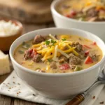 Close-up photo of recipe cheeseburger soup topped with cheddar, bacon, and pickles.