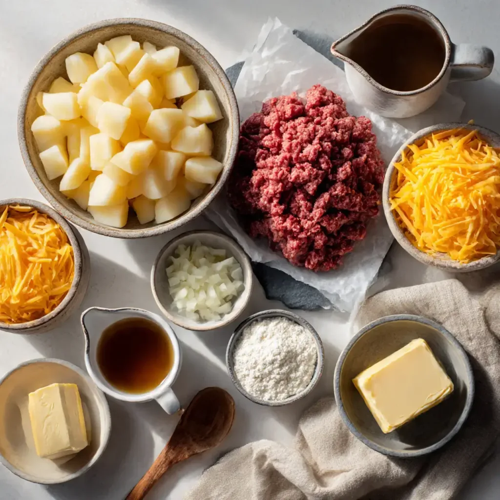 Ingredients for Cheesy Beef & Potato Soup including diced potatoes, ground beef, cheddar cheese, and beef broth.