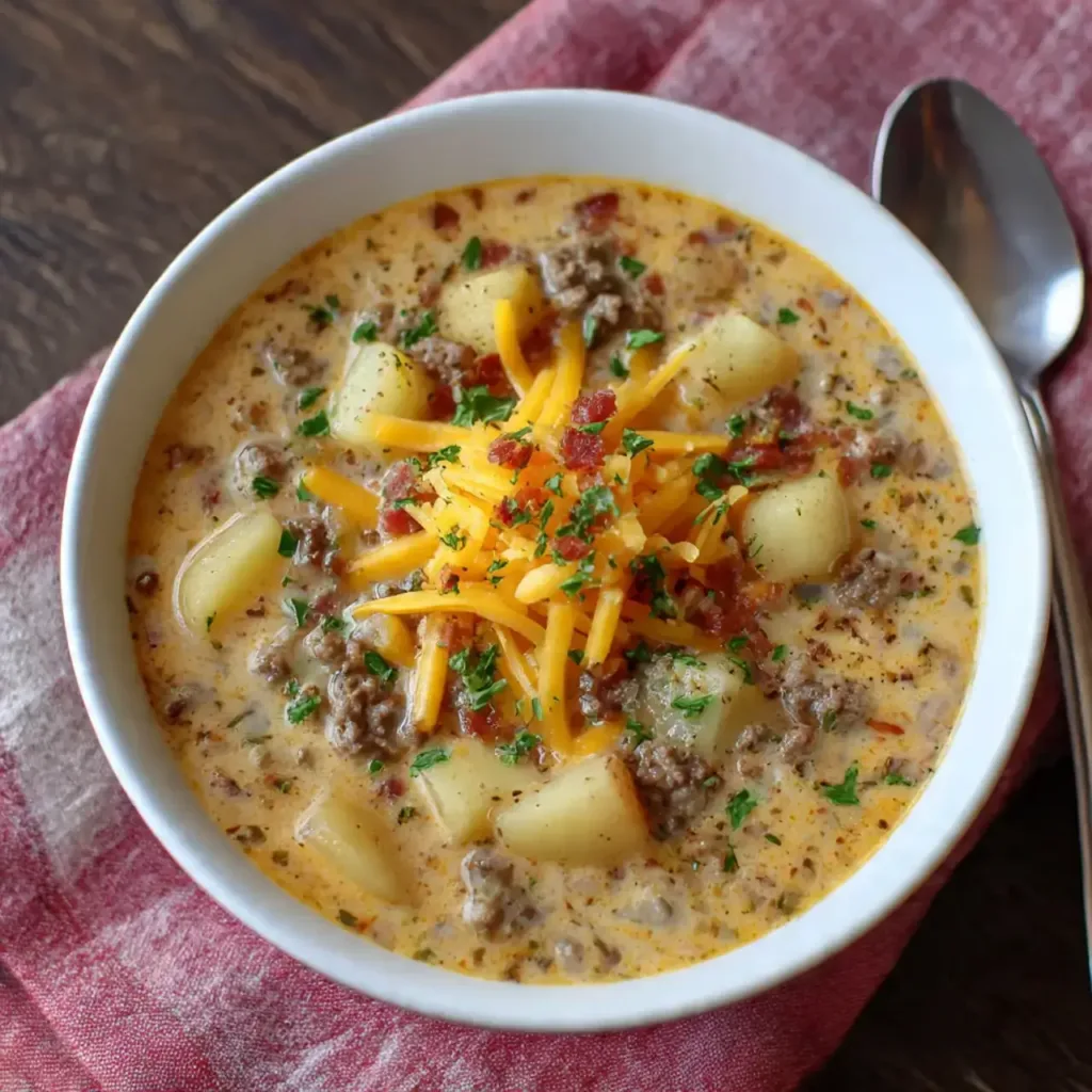 Close up of Cheesy Beef & Potato Soup with melted cheddar and bacon toppings.