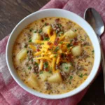 Close up of Cheesy Beef & Potato Soup with melted cheddar and bacon toppings.