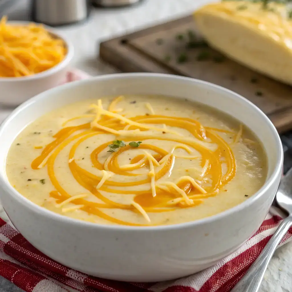 A bowl of creamy cheesy potato soup with melted cheese on top