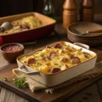 Cheesy Ranch Potatoes and Smoked Sausage baked to golden perfection.