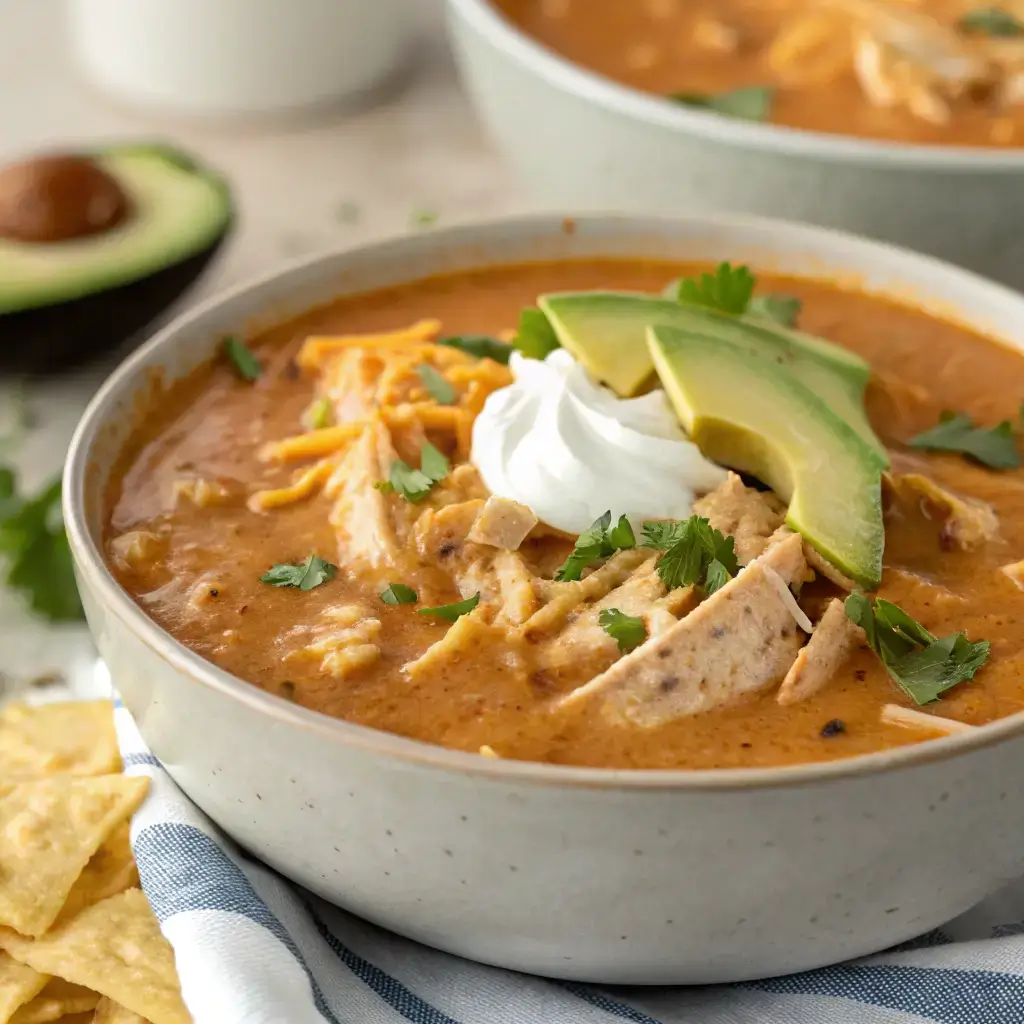A bowl of creamy chicken enchilada soup garnished with cilantro