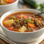 Close up serving of ground beef soup with vegetables, a comforting and hearty bowl.