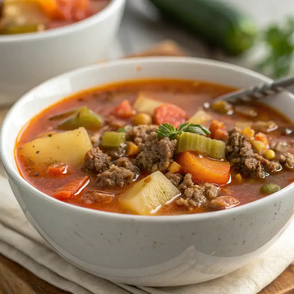 Close up serving of ground beef soup with vegetables, a comforting and hearty bowl.