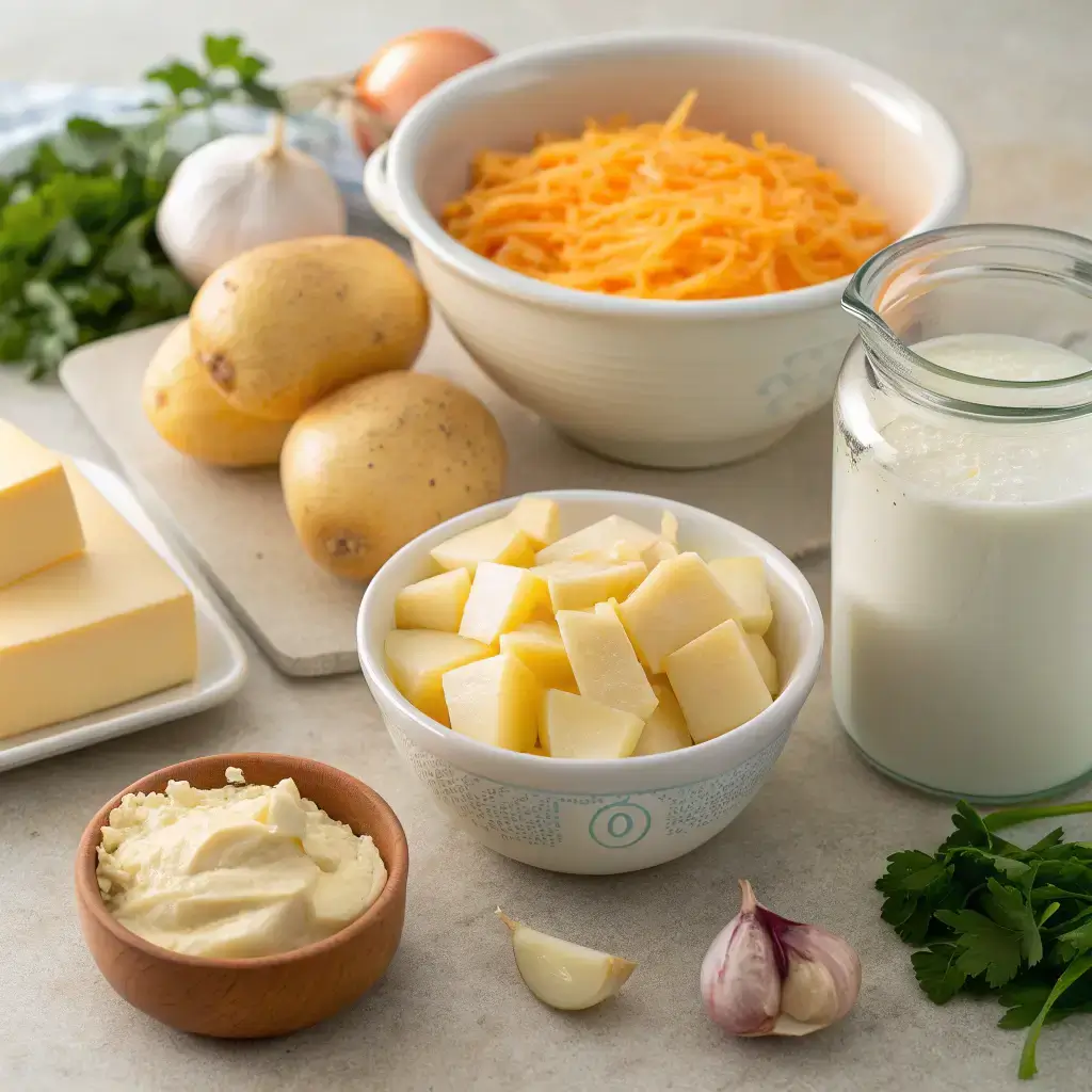 Ingredients for potato soup recipe laid out on a counter.