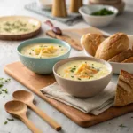 Served bowls of creamy cheesy potato soup recipe on a family table.