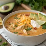 Serving of Creamy Chicken Enchilada Soup ready to eat, best soup recipe.