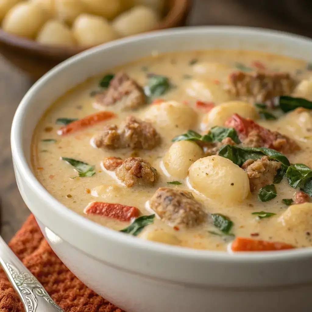 Close-up of creamy gnocchi soup with Italian sausage