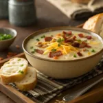 Served Crockpot Potato Soup garnished and ready to enjoy.