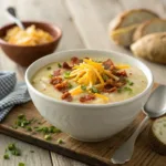A steaming bowl of Easy Crockpot Potato Soup garnished with cheddar and chives.