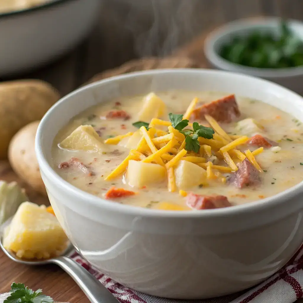 A close-up bowl of creamy crockpot potato soup with potatoes and cheese