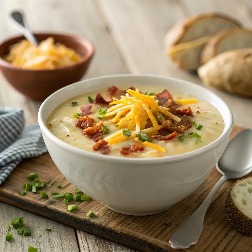 A steaming bowl of Easy Crockpot Potato Soup garnished with cheddar and chives.