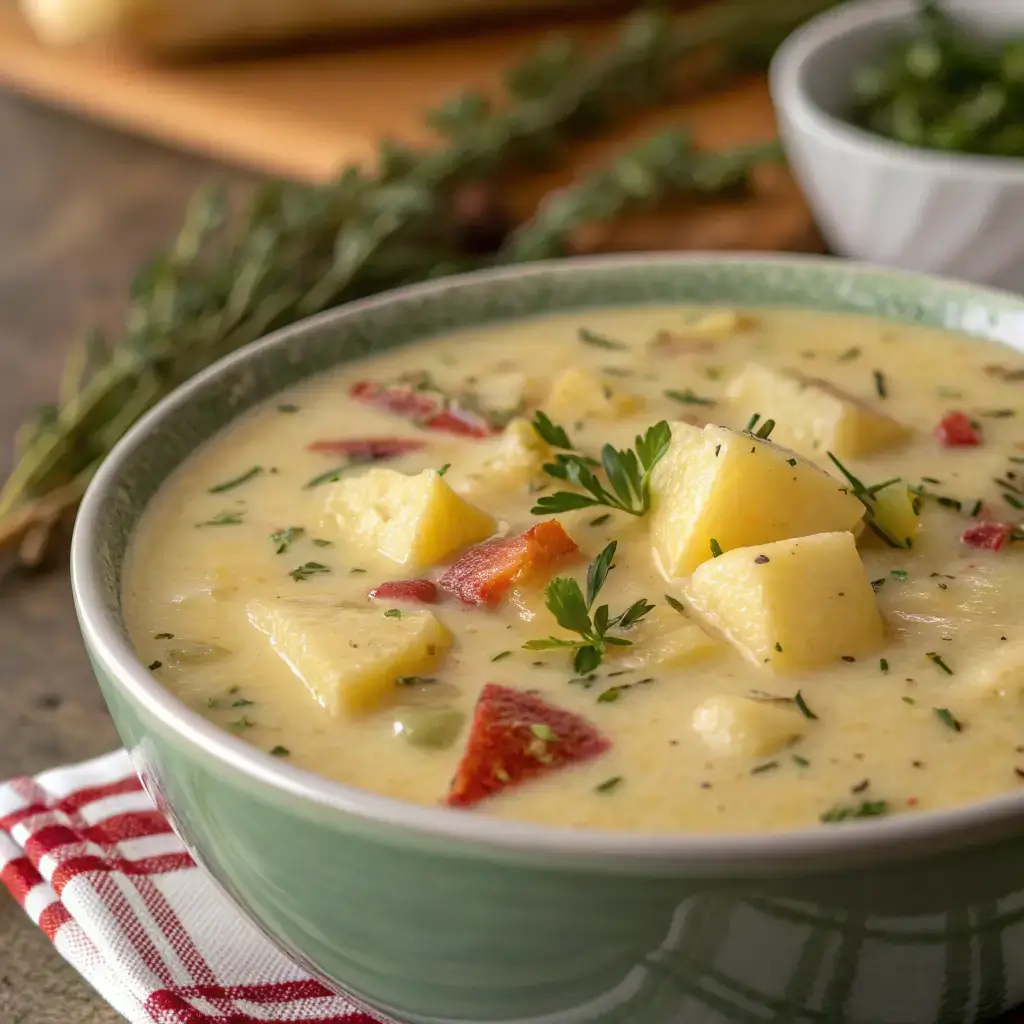 A bowl of creamy potato soup with garlic, herbs, and cheddar