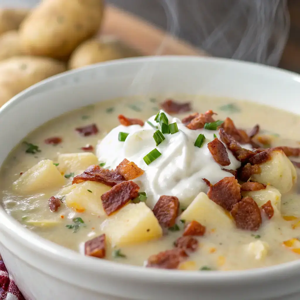 A bowl of hearty crockpot potato soup topped with bacon and sour cream