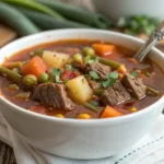 Serving of My Mom's Old Fashioned Vegetable Beef Soup, recipe for old fashioned vegetable beef soup.