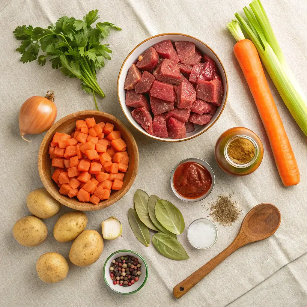 Ingredients for recipe for old fashioned vegetable beef soup laid out on a table.