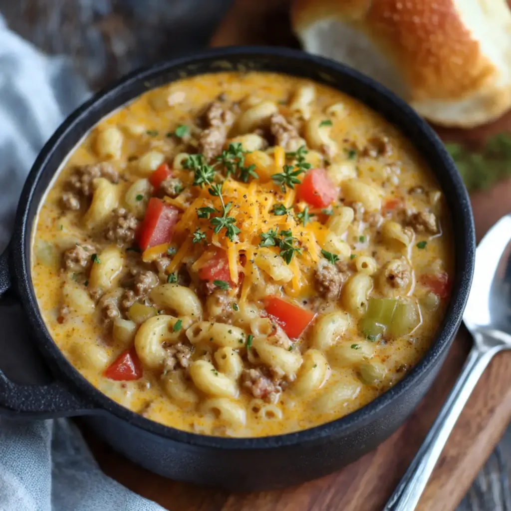 Close up of One Pot Macaroni Cheeseburger Soup with pasta, beef, and melted cheese.