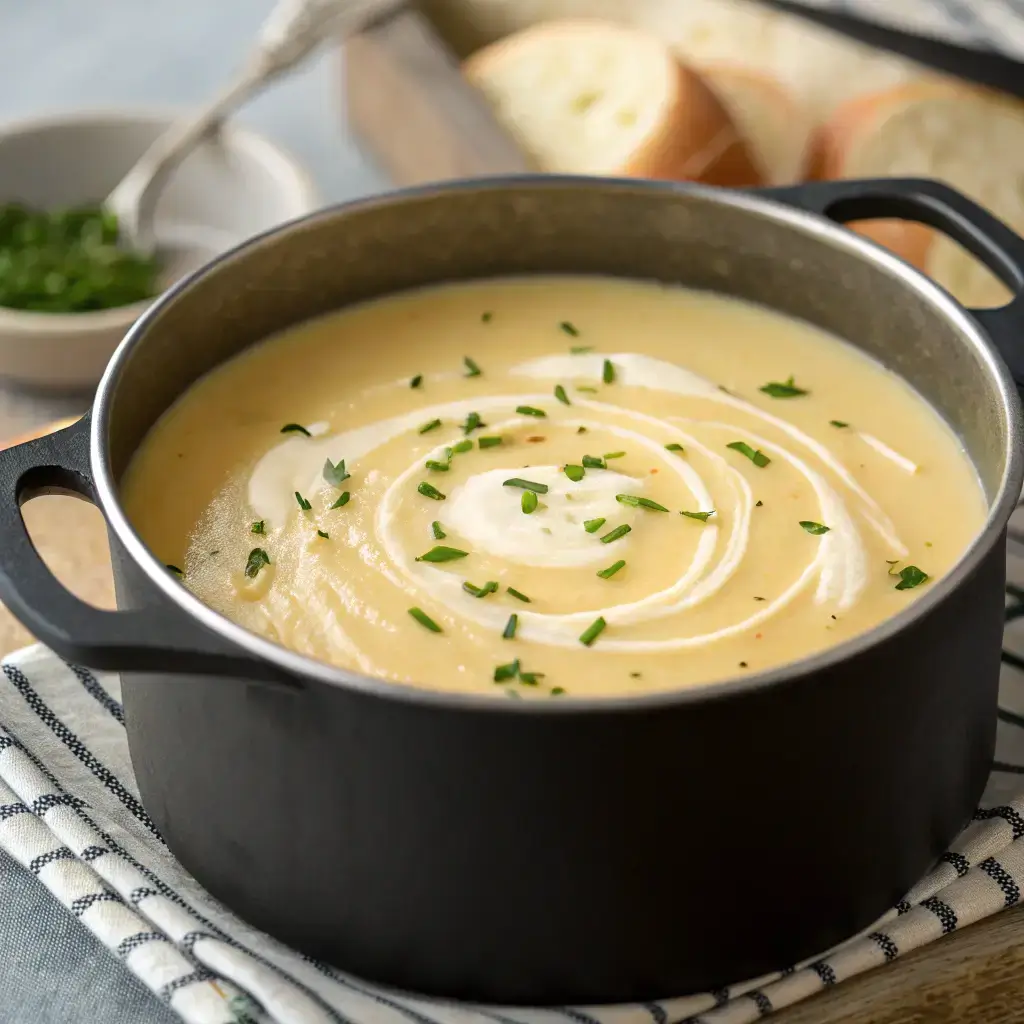 One pot of smooth, creamy potato soup on the stove