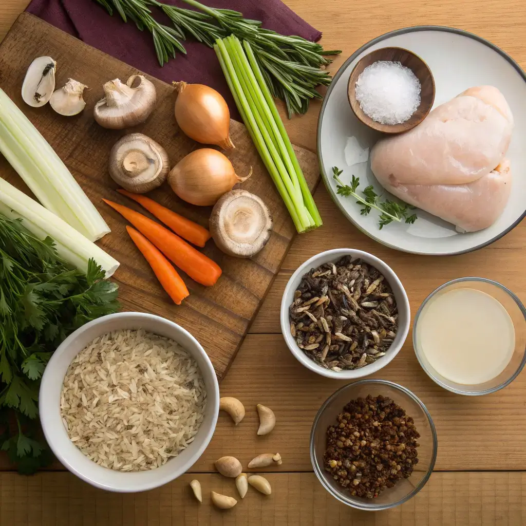 Best Soup Recipes ingredients for creamy chicken mushroom wild rice soup.