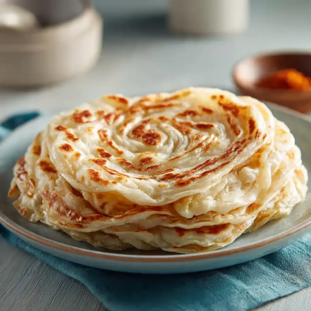 flaky roti canai on a plate